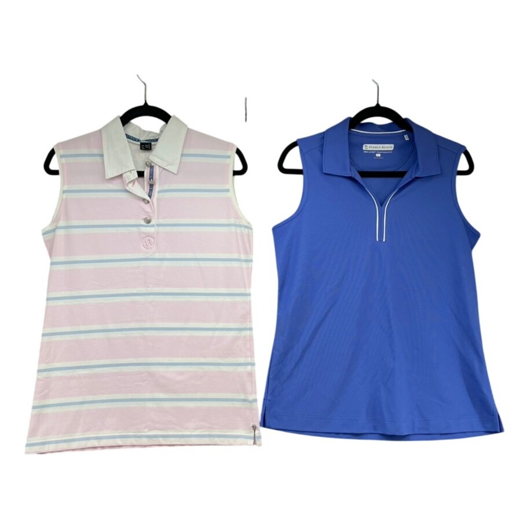 Pebble Beach Alial Fane Golf Polo Womens Large Blue Pink Striped Bundle 2pk